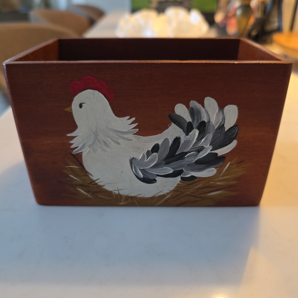 Vntg Wooden Recipe Box Hand Crafted & Painted Country Kitchen Chicken w/o Lid